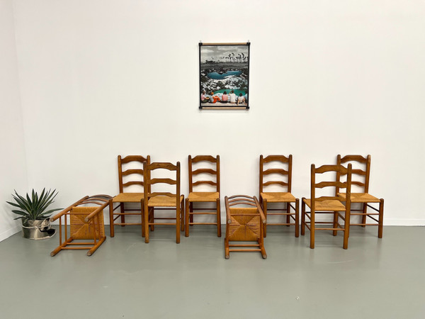 Set of 8 solid elm chairs with straw-covered seats
