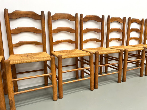 Set of 8 solid elm chairs with straw-covered seats