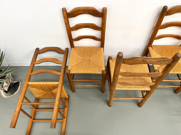 Set of 8 solid elm chairs with straw-covered seats