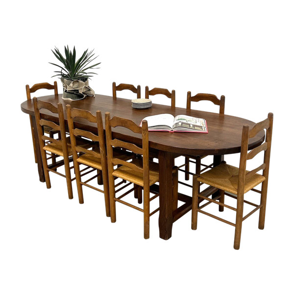 Set of 8 solid elm chairs with straw-covered seats