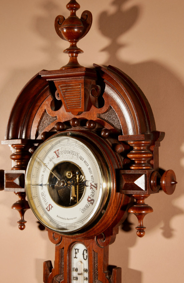 Very elegant William III style Dutch mahogany barometer thermometer circa 1900.