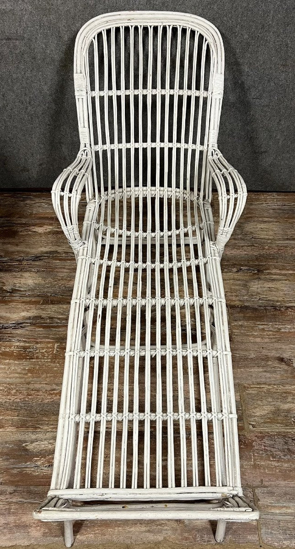 Vintage-Liegestuhl oder -Liege aus weiß lackiertem Rattan 1960er Jahre