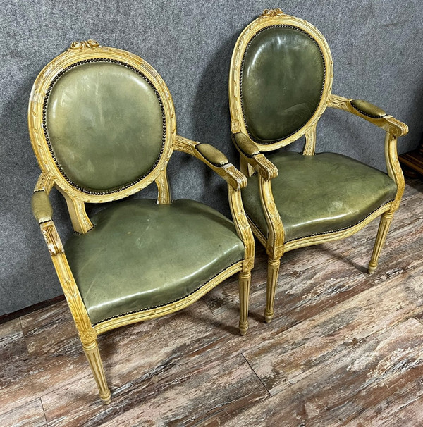 Pair of Louis XVI Cabriolet armchairs with medallion backs in ceruse wood from the 19th century