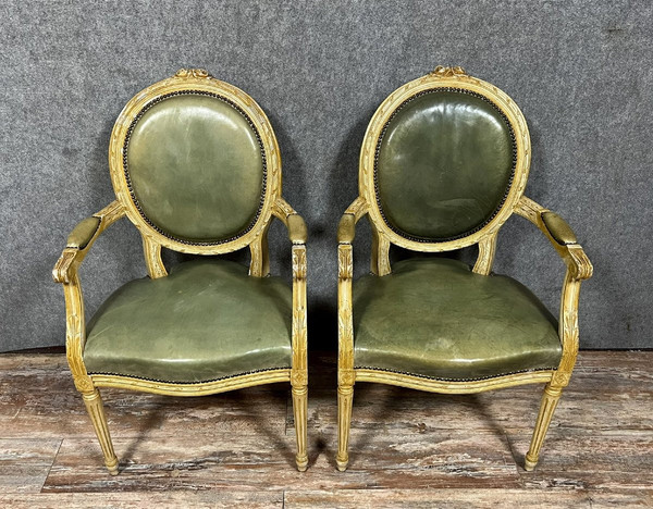 Pair of Louis XVI Cabriolet armchairs with medallion backs in ceruse wood from the 19th century