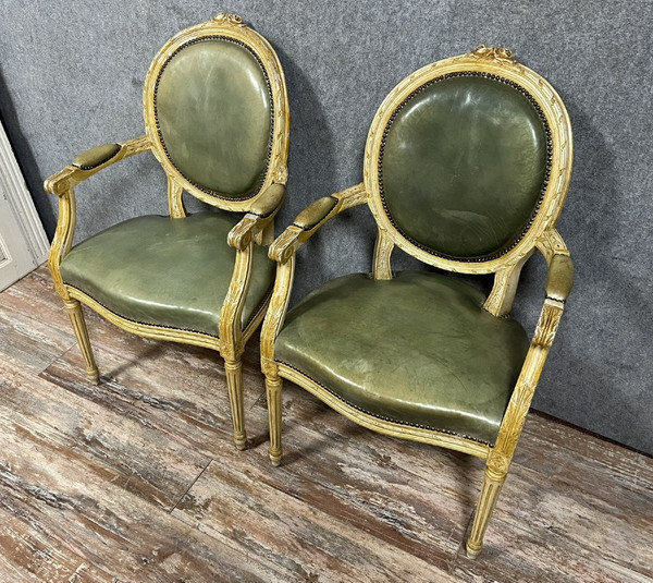 Pair of Louis XVI Cabriolet armchairs with medallion backs in ceruse wood from the 19th century