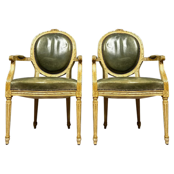 Pair of Louis XVI Cabriolet armchairs with medallion backs in ceruse wood from the 19th century