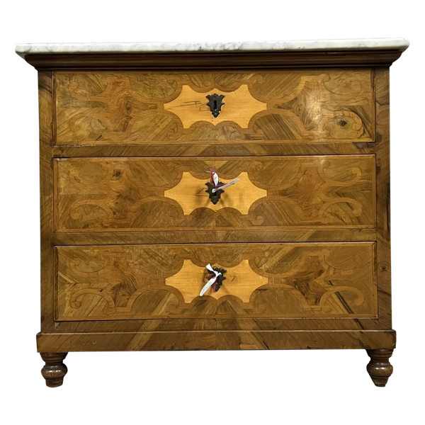 Cassettone da donna italiano periodo Impero / Carlo X in intarsio circa 1800-1820