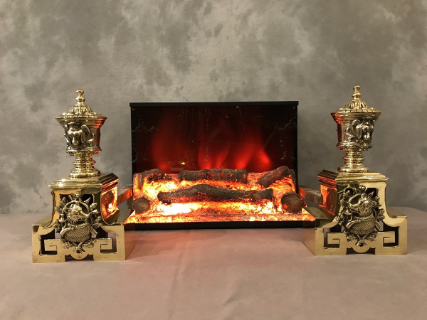 Pretty antique bronze andirons with animal decor from the 19th century