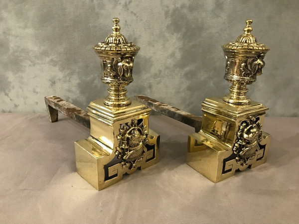 Pretty antique bronze andirons with animal decor from the 19th century