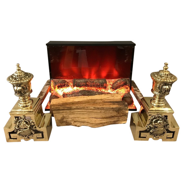 Pretty antique bronze andirons with animal decor from the 19th century