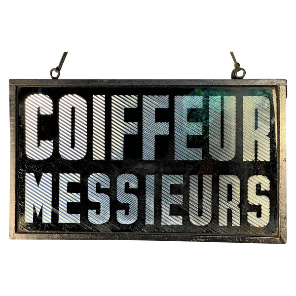 Enseigne « coiffeur » double face art déco en verre églomisé vers 1930