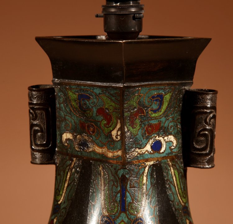 Unusual Japanese bronze Champlevé table lamp.