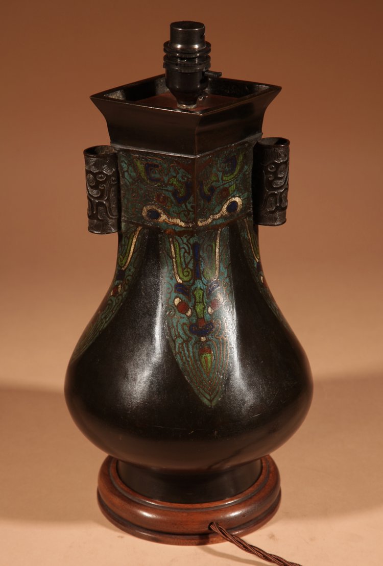 Unusual Japanese bronze Champlevé table lamp.