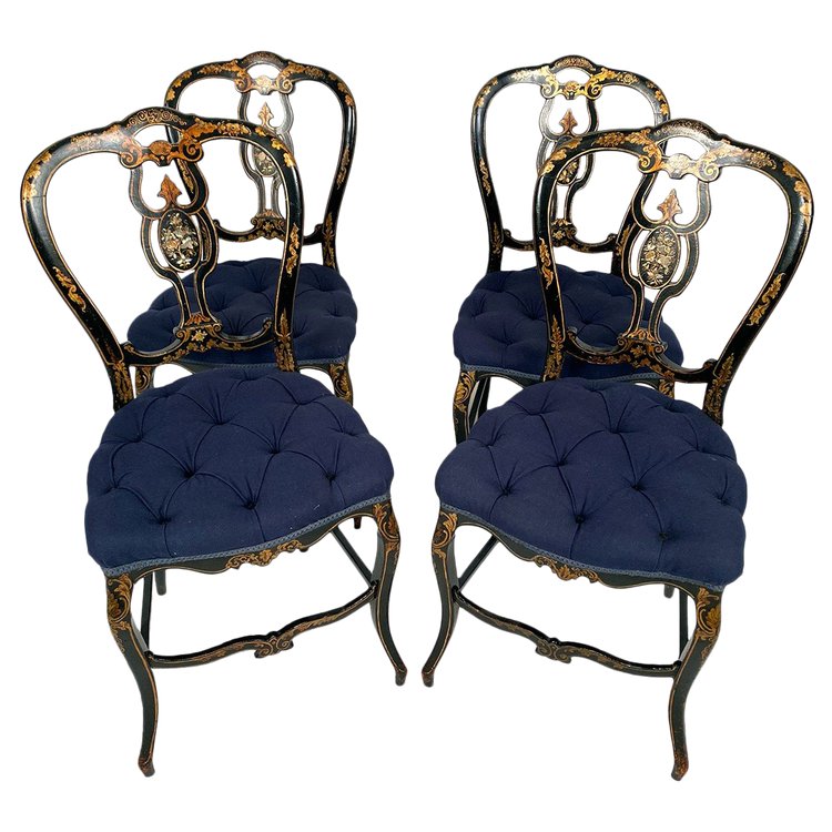 Set of four chairs in black burgauté lacquered wood with gold decoration, Napoleon III