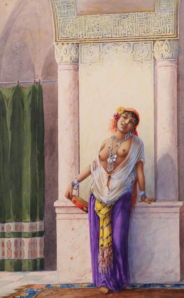 Marcel BLAIRAT 1849-1891 Jeune femme orientale nue, grande aquarelle orientaliste, vers 1880