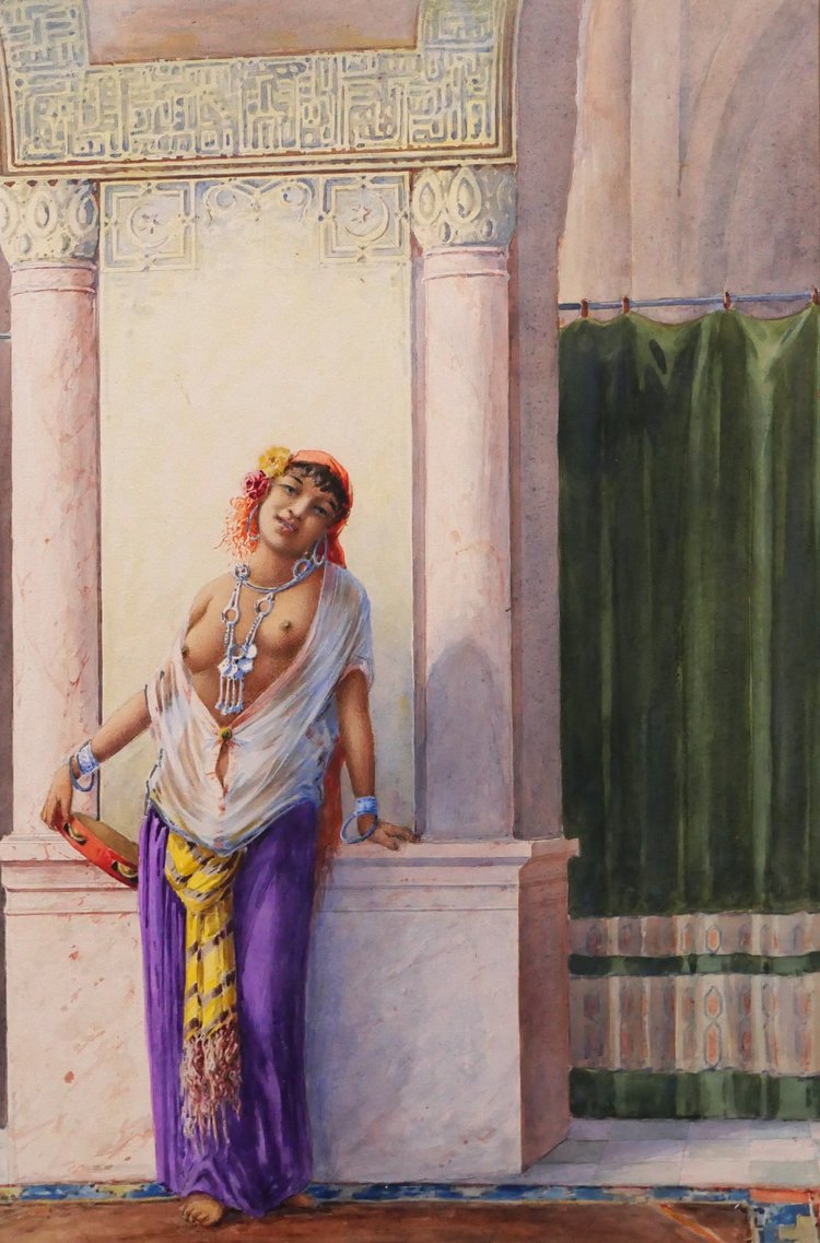Marcel BLAIRAT 1849-1891 Jeune femme orientale nue, grande aquarelle orientaliste, vers 1880