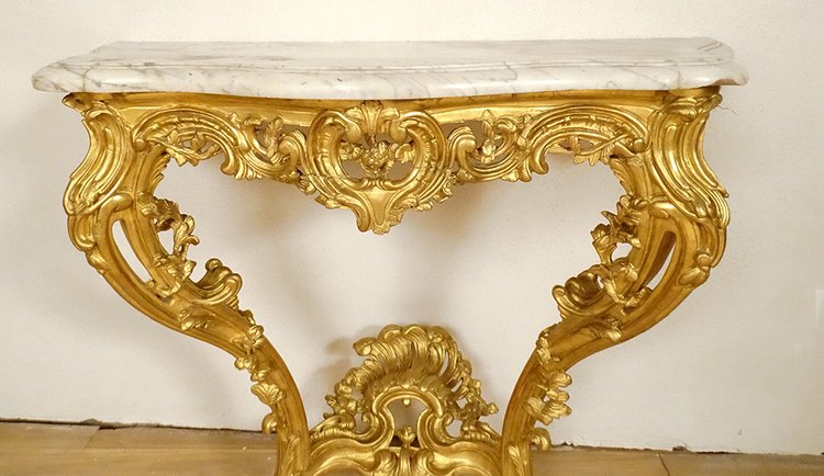 Konsole Louis XV Holz geschnitzt Vergoldet Rocaille Schalen Marmor Weiß XVIII.