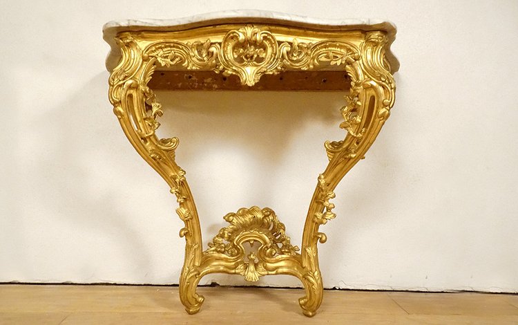 Konsole Louis XV Holz geschnitzt Vergoldet Rocaille Schalen Marmor Weiß XVIII.