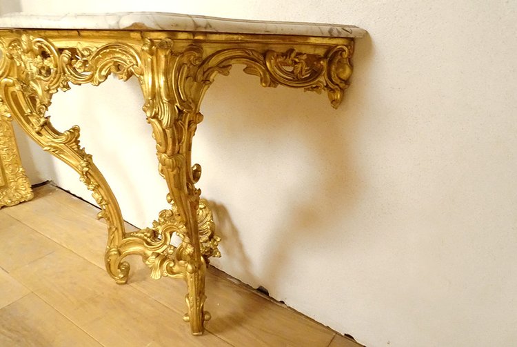 Konsole Louis XV Holz geschnitzt Vergoldet Rocaille Schalen Marmor Weiß XVIII.