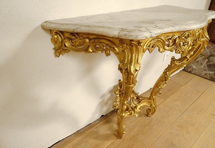 Konsole Louis XV Holz geschnitzt Vergoldet Rocaille Schalen Marmor Weiß XVIII.