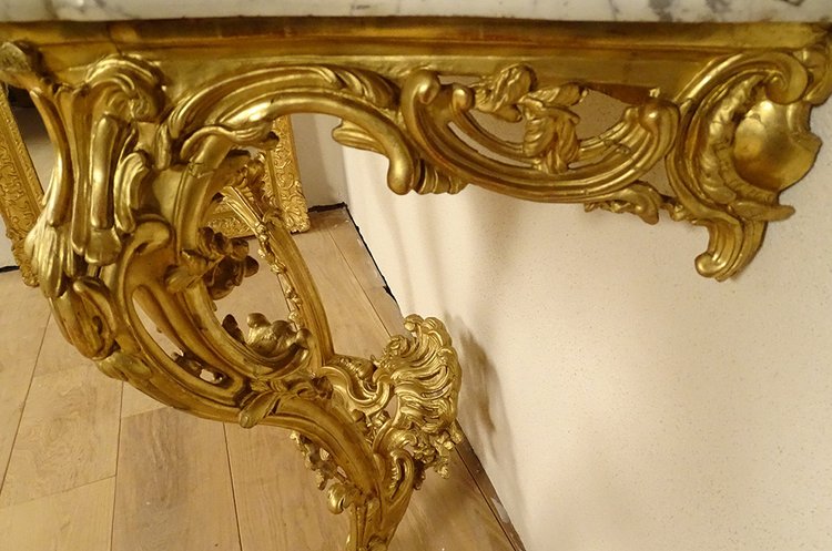Konsole Louis XV Holz geschnitzt Vergoldet Rocaille Schalen Marmor Weiß XVIII.