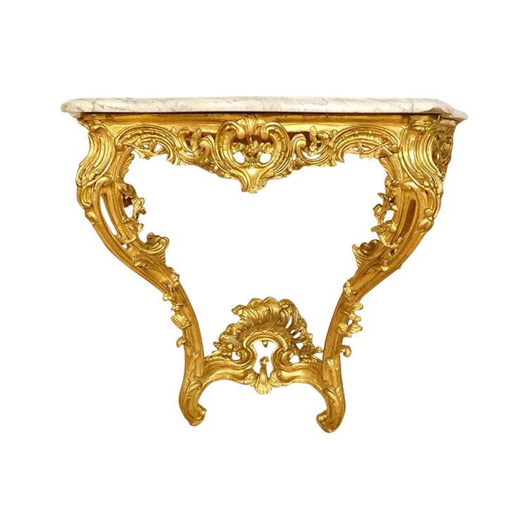 Konsole Louis XV Holz geschnitzt Vergoldet Rocaille Schalen Marmor Weiß XVIII.