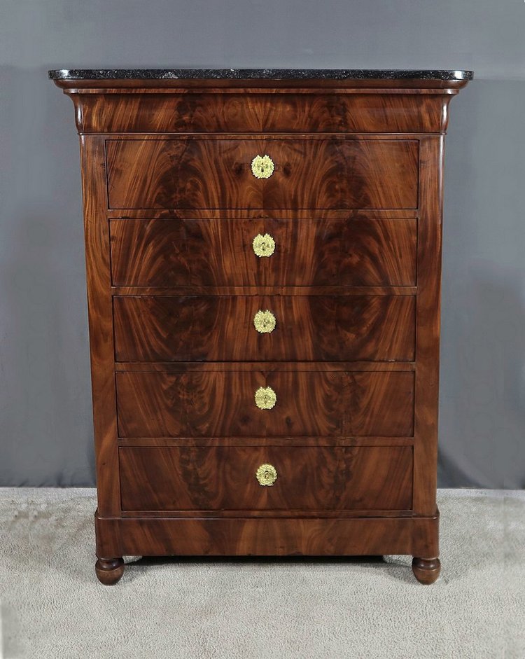 Chiffonnier en ronce d’acajou, époque Restauration – Début XIXe