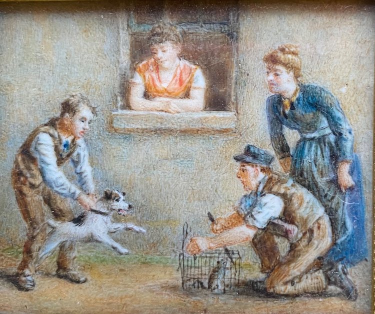 19th century framed miniature. “Training a rat dog”.