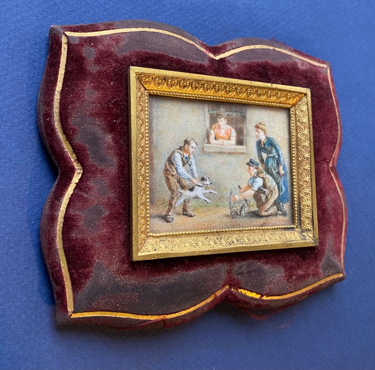 19th century framed miniature. “Training a rat dog”.