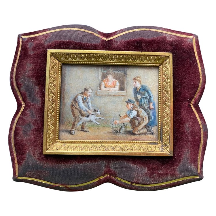 19th century framed miniature. “Training a rat dog”.