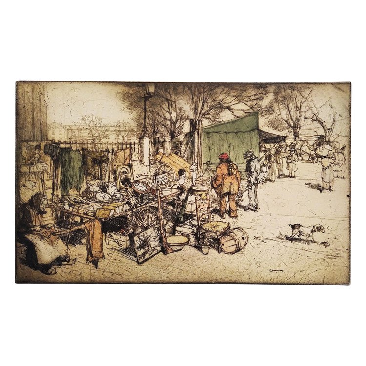 Etching  Flea Market Engraving By Armand Coussens Old Print