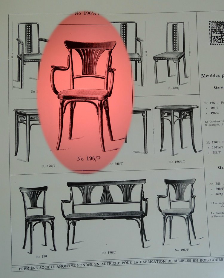 Bentwood armchair, curved wood, bistro KOHN N°196, 1905, new canework; No Thonet