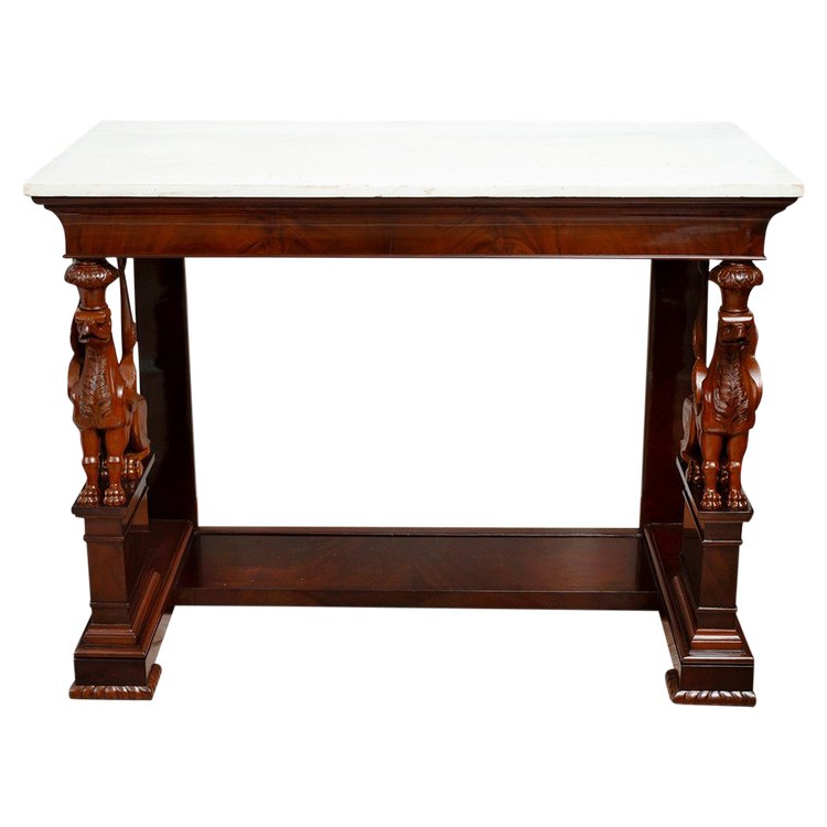Console Ancienne Empire Sicilien En Acajou Avec Plateau En Marbre. Epoque 19ème Siècle.