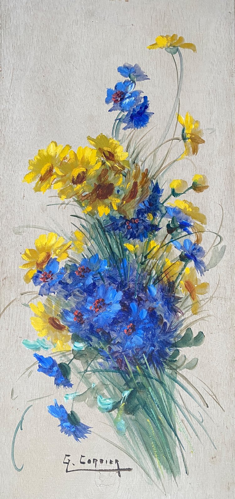 Gaston Cordier. Öl auf Holz, gerahmt, Anfang des 20. Jahrhunderts. Jahrhundert: "Strauß aus Kornblumen und gelben Astern.