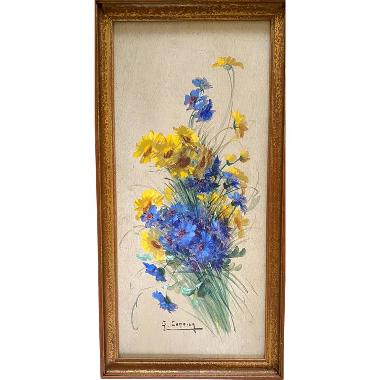 Gaston Cordier. Öl auf Holz, gerahmt, Anfang des 20. Jahrhunderts. Jahrhundert: "Strauß aus Kornblumen und gelben Astern.