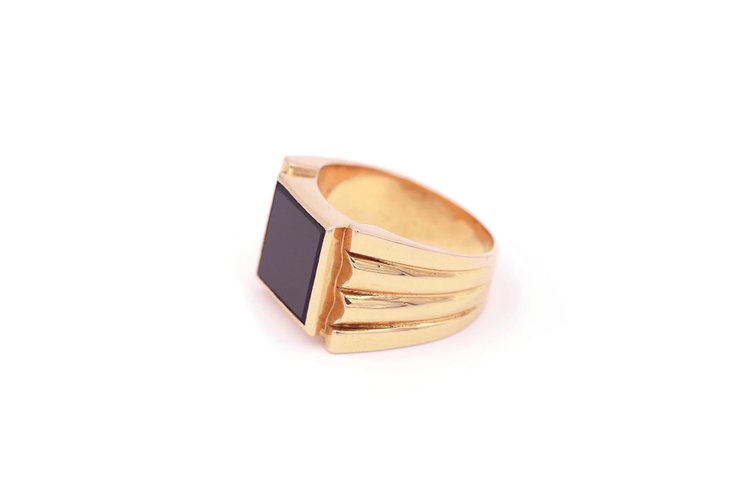 Anello con sigillo in oro 18 ct., anello da uomo, anello con sigillo retrò, placca in onice, Tank