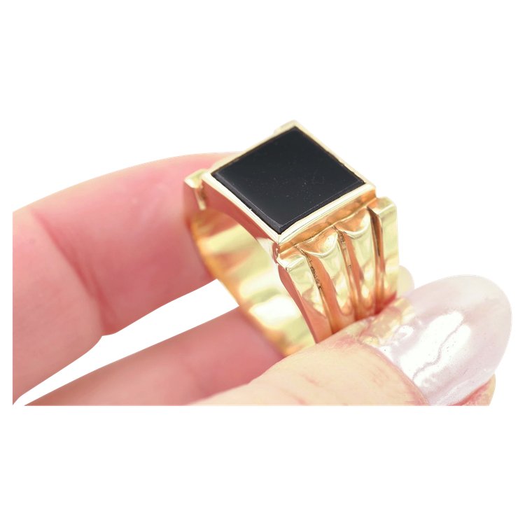Anello con sigillo in oro 18 ct., anello da uomo, anello con sigillo retrò, placca in onice, Tank