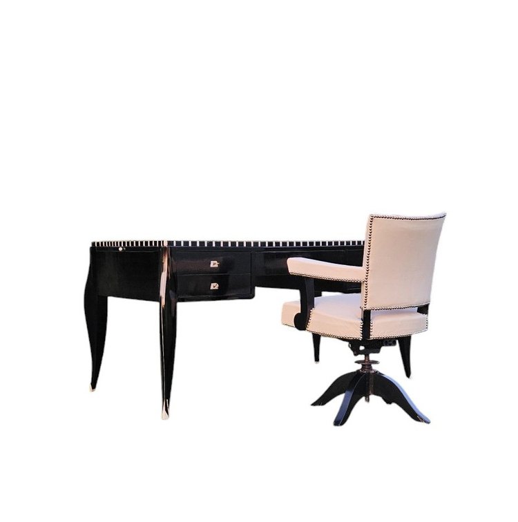 Fauteuil De Bureau Tournant Art Déco En Cuir Ivoire