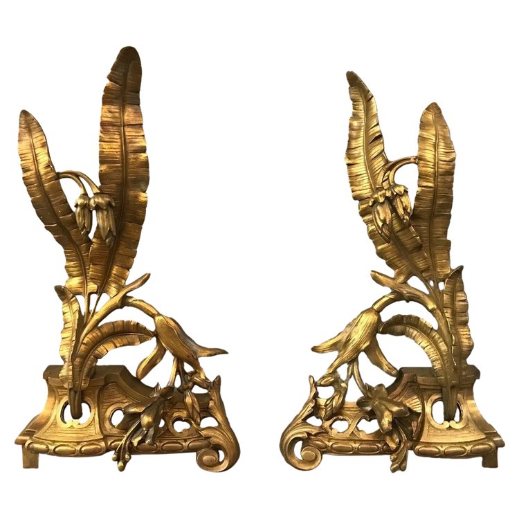 Paire de chenets en bronze décor façade d'époque 19 ème 