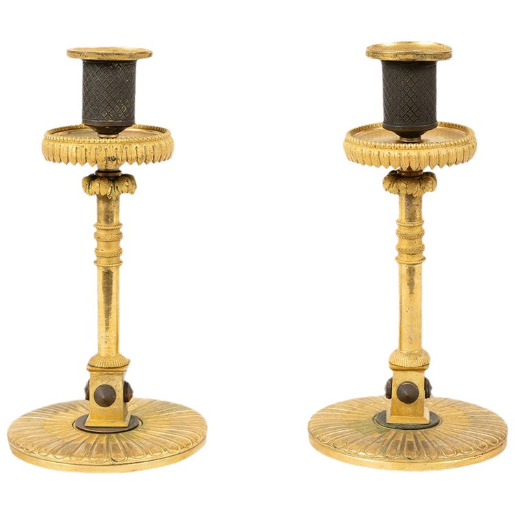 Pair De Bougeoirs Anciens Français Napoléon III En Bronze Doré. 19th Century.