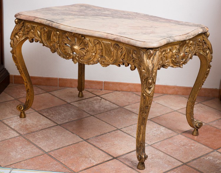 Table Ancienne Française Napoléon III En Bois Doré Et Sculpté. XIXe Siècle.