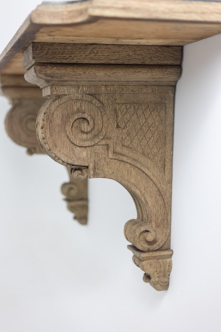 Jean-Charles Moreux. Carved oak and marble console table. Circa 1940