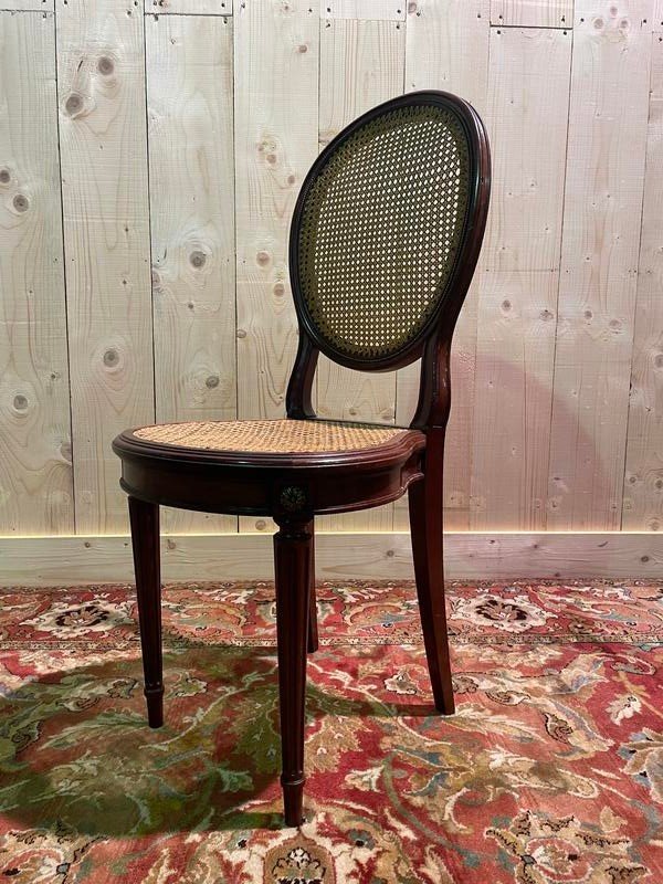 Set of 6 Louis XVI style medallion chairs in mahogany and cane