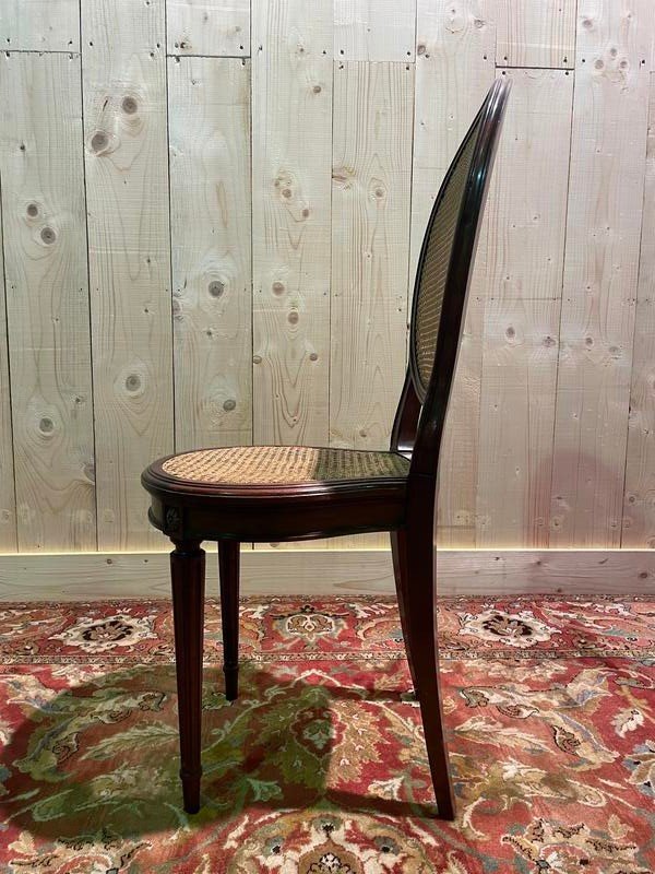 Set of 6 Louis XVI style medallion chairs in mahogany and cane