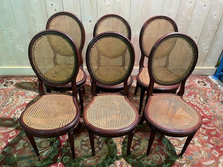 Set of 6 Louis XVI style medallion chairs in mahogany and cane