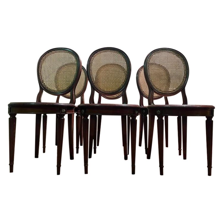 Set of 6 Louis XVI style medallion chairs in mahogany and cane
