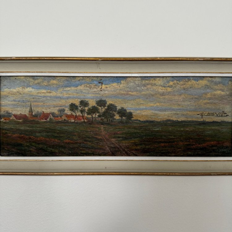 20th century oil on cardboard by R. Holvoet landscape with a village in the distance