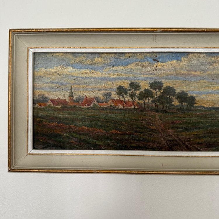 20th century oil on cardboard by R. Holvoet landscape with a village in the distance