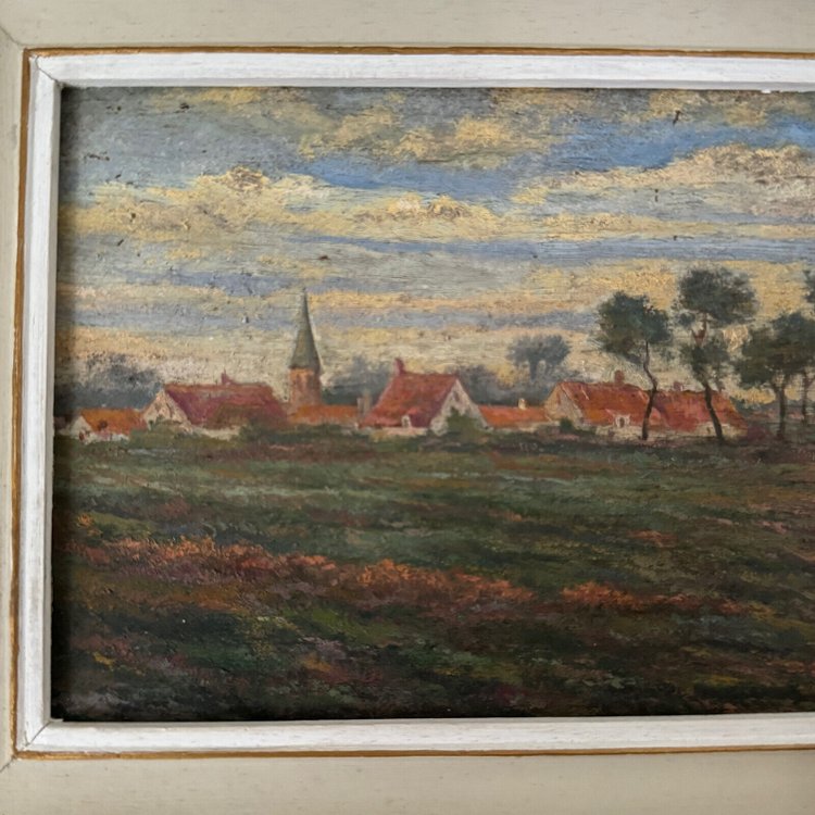 20th century oil on cardboard by R. Holvoet landscape with a village in the distance