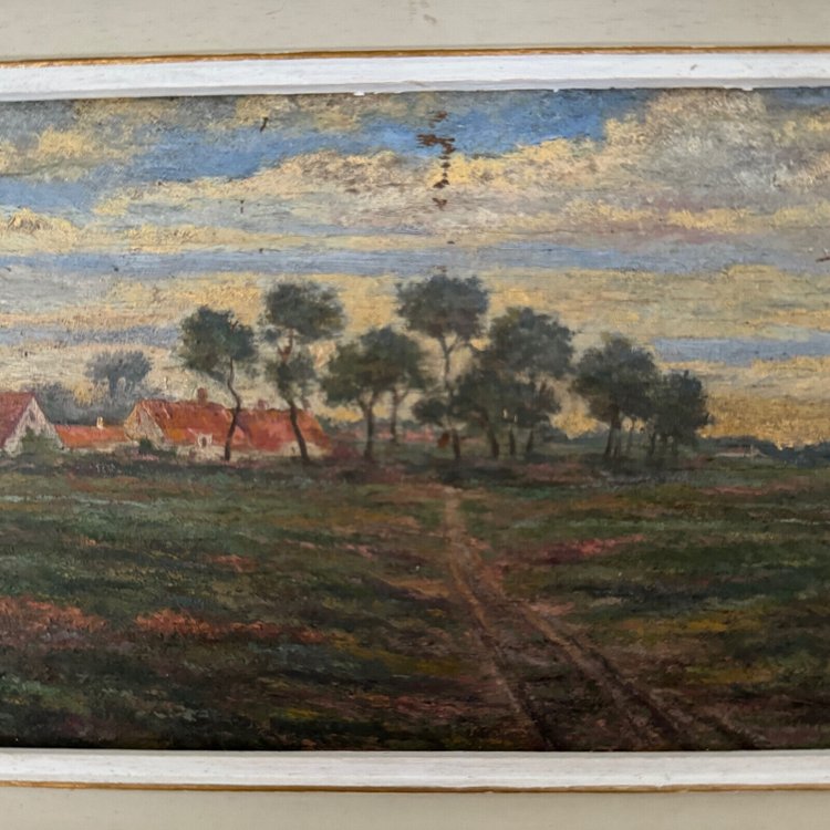 20th century oil on cardboard by R. Holvoet landscape with a village in the distance